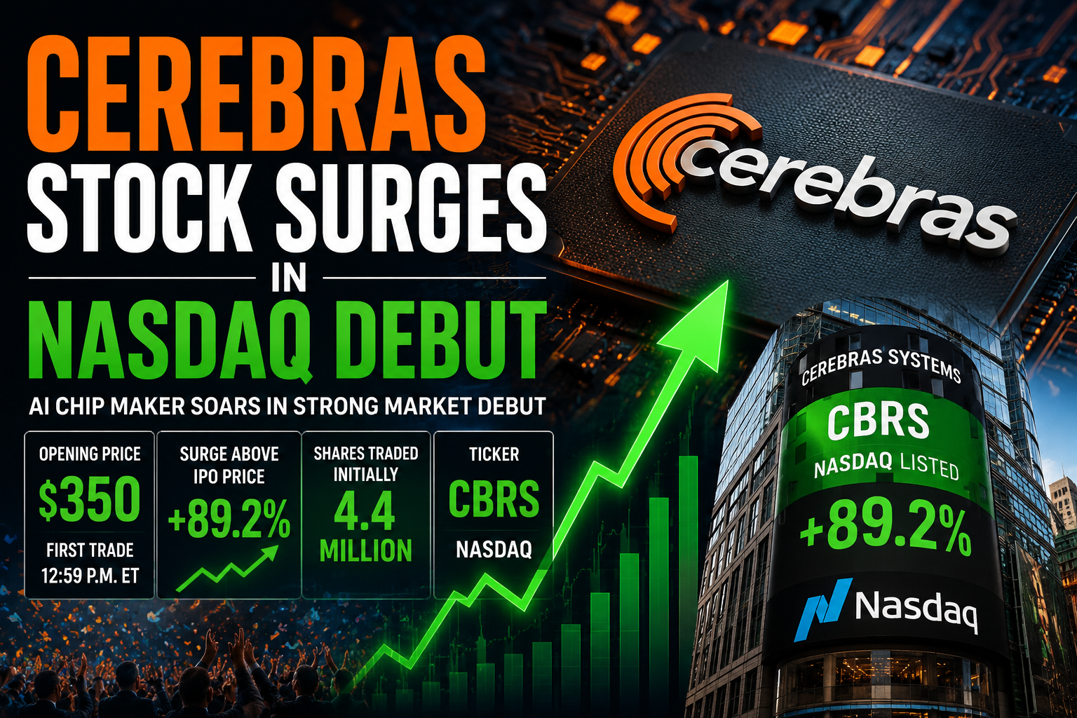 Cerebras Stock Surges in Nasdaq Debut as AI Chip Boom Powers Investor Demand